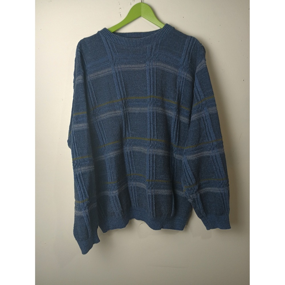 Vintage Bill Blass Sweater Mens XL Blue Chunky Knit Striped Hand Framed USA Made